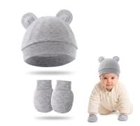 QALPOM Set de Gorro Bebe Recien Nacido y Manoplas Antiarañazos, Gorrito Bebe de Punto Suave para Hospital y Diario, Gorra Bebe Unisex para Niños y Niñas 0-6 Meses, Gris