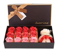 QANYEGN Jabón De Baño Perfumado Floral, Pétalos De Flores De Rosas, Oso De Peluche, Caja De Regalo De Flores De Jabón para El Regalo Romántico del Día De San Valentín(Red Gradient)