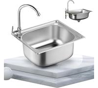 QARIDO Fregadero de cocina pequeño, fregadero de acero inoxidable de un solo recipiente, caravana, para montaje bajo techo y montaje empotrado, escurridor reversible con clips para tuberías de desagüe