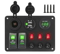QASULER Puertos USB duales con protector de sobrecarga, for auto, marino, RV, disyuntor, voltímetro digital, panel de interruptor basculante 2+3 Interruptor marino(Green)