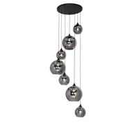 Qazqa Art Déco Lámpara colgante negra cristal ahumado redonda 7 luces - Sandra/Acero Alargada/Redonda Adecuado para LED Max. 7 x 40 Watt