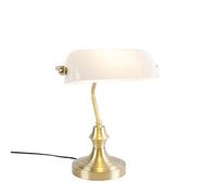 Qazqa Clásico/Antiguo Lámpara de notario clásica dorada cristal blanco - BANKER/Acero Alargada Adecuado para LED Max. 1 x 60 Watt