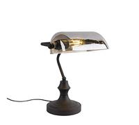 Qazqa Clásico/Antiguo Lámpara de notario clásica negra cristal ahumado - BANKER/Acero Alargada Adecuado para LED Max. 1 x 60 Watt