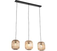 Qazqa Rústico Lámpara colgante rústica mimbre 3-luces - MANILA Ratán/Acero Cilíndra/Alargada/Redonda Adecuado para LED Max. 3 x 60 Watt
