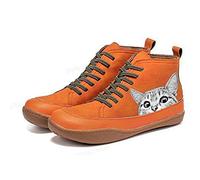 QAZW Botines De Mujer, Botas De Tacón Plano De Cuero De Primavera Diaria con Patrón De Gato, Botines Cómodos Botas De Tacón Plano De Cuero con Estampado De Gato Zapatos Retro,Orange-7