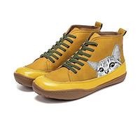 QAZW Botines De Mujer, Botas De Tacón Plano De Cuero De Primavera Diaria con Patrón De Gato, Botines Cómodos Botas De Tacón Plano De Cuero con Estampado De Gato Zapatos Retro,Yellow-8.5