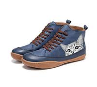 QAZW Botines De Mujer, Botas De Tacón Plano De Cuero De Primavera Diaria con Patrón De Gato, Botines Cómodos Botas De Tacón Plano De Cuero con Estampado De Gato Zapatos Retro,Blue-8