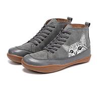 QAZW Botines De Mujer, Botas De Tacón Plano De Cuero De Primavera Diaria con Patrón De Gato, Botines Cómodos Botas De Tacón Plano De Cuero con Estampado De Gato Zapatos Retro,Grey-8.5