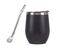 QAZWZG Juego de tazas, vaso aislado acero inoxidable con tapa y pajita, cuchara té doble pared for caliente para Café(Black)