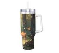 QAZWZML Bambi - Taza instantánea de doble pared impresa de 40 onzas con tapa de asa y pajita, adecuada para batidos de agua, batidos y batidos