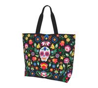 QAZWZML Bolsa de compras de gran capacidad con estampado de granero de madera para mujer, bolsa de hombro esencial para viajes y compras, Calavera y flores de terror de azúcar, Talla única