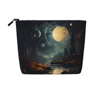 QAZWZML Bolsa de cosméticos de lino sintético con estampado de estrellas y planetas, de una sola capa, portátil, con cremallera, accesorio de viaje