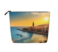 QAZWZML Bolsa de cosméticos de lino sintético de una sola capa estampada con puesta de sol en Barcelona, bolsa de cosméticos portátil con cremallera, accesorio de viaje
