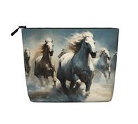 QAZWZML Bolsa de cosméticos de lino sintético de una sola capa impresa con diseño de caballos corriendo salvajes en el río, bolsa de cosméticos portátil con cremallera, accesorio de viaje