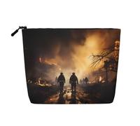QAZWZML Bolsa de cosméticos de lino sintético de una sola capa impresa de bomberos que luchan contra incendios, bolsa de cosméticos portátil con cremallera, accesorio de viaje