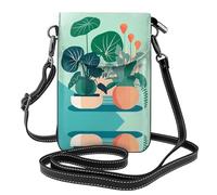QAZWZML Bolso cruzado con diseño de plantas verdes en maceta de dibujos animados, cartera de cuero con solapa, correa de hombro desmontable, adecuada para viajes y camping.