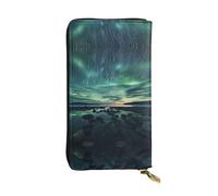 QAZWZML Bolso de mano de cuero estampado Long Sea Under the Aurora Borealis con compartimento para efectivo, bolsillo con cremallera y ranura para tarjetas de crédito