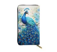 QAZWZML Bolso largo de cuero con estampado de pavo real azul oriental con un compartimento para efectivo, bolsillo con cremallera y ranura para tarjetas de crédito