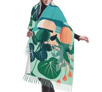 QAZWZML Bufanda larga con estampado de plantas verdes de dibujos animados para interiores, chal con flecos, adecuado para el uso diario o actividades al aire libre en primavera, otoño e invierno.