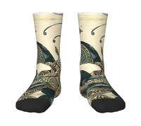 QAZWZML Calcetines elásticos de media pantorrilla negros con estampado de pavo real, decorativos, adecuados para deportes y correr., 1 negro., One Size