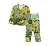 QAZWZML Conjunto de pijama de manga larga con estampado de jilguero americano para mujer, adecuado para viajes y salidas, Negro, XXL