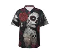 QAZWZML Day of The Dead Girl - Camisa de manga corta con solapa estampada para hombre, para viajes a la playa y vacaciones, Negro, XXL