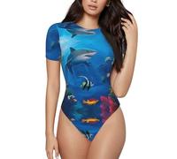 QAZWZML Enterizo de manga corta con estampado de océano colorido para mujer, se puede llevar solo o como capa interior., Negro, XXL