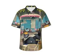 QAZWZML Happy Camper - Camisa de manga corta con solapa estampada para hombre, para viajes a la playa y vacaciones, Negro, M