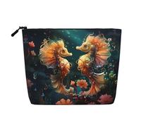 QAZWZML Hermosa bolsa de cosméticos de lino sintético con estampado de caballitos de mar de una sola capa, portátil, con cremallera, accesorio de viaje