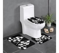 QAZWZML Juego de alfombrillas de baño de 3 piezas, diseño de banderas a cuadros, color negro y blanco, adecuado para baño, dormitorio, cocina y decoración del hogar
