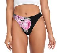 QAZWZML Ropa interior de talle bajo con estampado de flores rosas para mujer, elástica, adecuada para pantalones de yoga y leggings., Negro, S