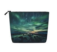 QAZWZML Sea under the Aurora Borealis - Bolsa de cosméticos de lino sintético de una sola capa con cremallera, portátil, con cremallera, accesorio de viaje