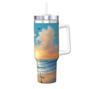 QAZWZML Seagulls by the sea - Taza instantánea de doble pared impresa de 40 onzas con tapa de asa y pajita, adecuada para batidos de agua, batidos y batidos