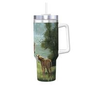 QAZWZML Taza de acero inoxidable de 40 onzas con bordado de animales, pintura de caballos, impresión de doble pared, taza instantánea de viaje con tapa de asa y pajita, adecuada para viajes y oficina