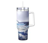 QAZWZML Taza de acero inoxidable de 40 onzas con diseño de avión de cielo hermoso impreso de doble pared, taza instantánea de viaje con tapa de asa y pajita, adecuada para uso en viajes y oficina