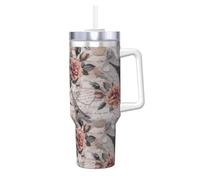 QAZWZML Taza de acero inoxidable de 40 onzas con diseño de flor de la Torre Eiffel de París, taza instantánea de viaje de doble pared con tapa de asa y pajilla, adecuada para uso en viajes y oficina