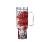 QAZWZML Taza de acero inoxidable de 40 onzas con diseño de la Torre Eiffel de París con impresión de doble pared, taza instantánea de viaje con tapa de asa y pajilla, adecuada para uso en viajes y