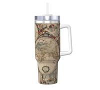 QAZWZML Taza de acero inoxidable de 40 onzas con diseño de mapa del mundo con impresión retro de doble pared, taza instantánea de viaje con tapa de asa y pajita, adecuada para uso en viajes y oficina