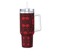QAZWZML Taza de acero inoxidable de 40 onzas con estampado de calaveras rojas, taza instantánea de viaje de doble pared con tapa de asa y pajilla, adecuada para uso en viajes y oficina