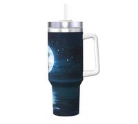 QAZWZML Taza de acero inoxidable de 40 onzas con estampado de cielo nocturno de doble pared, taza instantánea de viaje con tapa de asa y pajita, adecuada para uso en viajes y oficina