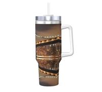 QAZWZML Taza de acero inoxidable de 40 onzas con impresión nocturna del puente de Manhattan de Nueva York, doble pared, taza instantánea de viaje con tapa y pajita, adecuada para viajes y oficina