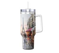 QAZWZML Taza de acero inoxidable de 40 onzas, pintura al óleo, escena de la calle de París, torre Eiffel, taza instantánea de viaje con tapa de asa y pajita, adecuada para viajes y oficina