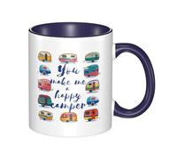 QAZWZML Taza de cerámica con diseño de remolque You Make Me Happy Camper, color azul marino con mango curvo, adecuada para el hogar, la oficina y el restaurante.