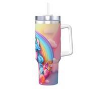 QAZWZML Taza instantánea de doble pared con estampado de unicornio arcoíris de 40 onzas con tapa de asa y pajita, adecuada para batidos de agua, batidos