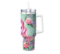 QAZWZML Taza instantánea de doble pared con estampado de unicornio rosa de 40 onzas con tapa de asa y pajita, adecuada para batidos de agua, batidos