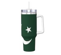 QAZWZML Taza instantánea de doble pared impresa con la bandera de Pakistán de 40 onzas con tapa de asa y pajita, adecuada para batidos de agua, batidos y batidos