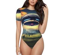 QAZWZML UFO Landing - Mono de manga corta con cuello redondo para mujer, combinado con jeans de cintura alta., Negro, X-Large