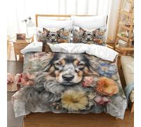 QBIREX Aquarellmalerei, Blumenhund, 3D-Bettbezug-Set für Jungen, Bettwäsche-Set, trendiger Stil, Tagesdecke, Schlafzimmer, Bettwäsche, 3-teilig, Halloween-Geschenke, Kingsize (220 x 240 cm)