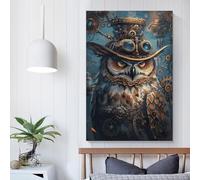 QBIREX Arte de búho steampunk para paredes del hogar, sala de estar, dormitorio, arte de pared 3D, 60 x 90 cm