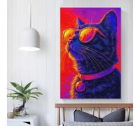 QBIREX Arte mural de gato neón con gafas de sol para sala de estar y baño, 30 x 45 cm (12 x 18 pulgadas)